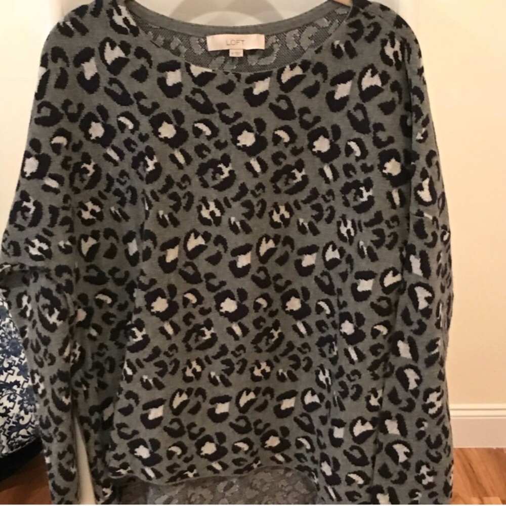 LOFT gray and blue leopard print sweater